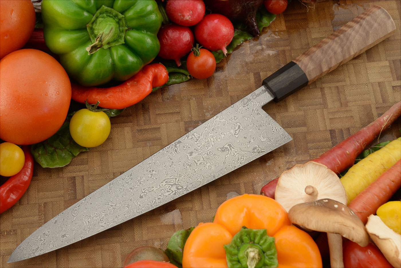Damascus Chef's Knife (Gyuto) with Curly Maple and Ebony - 9 in.