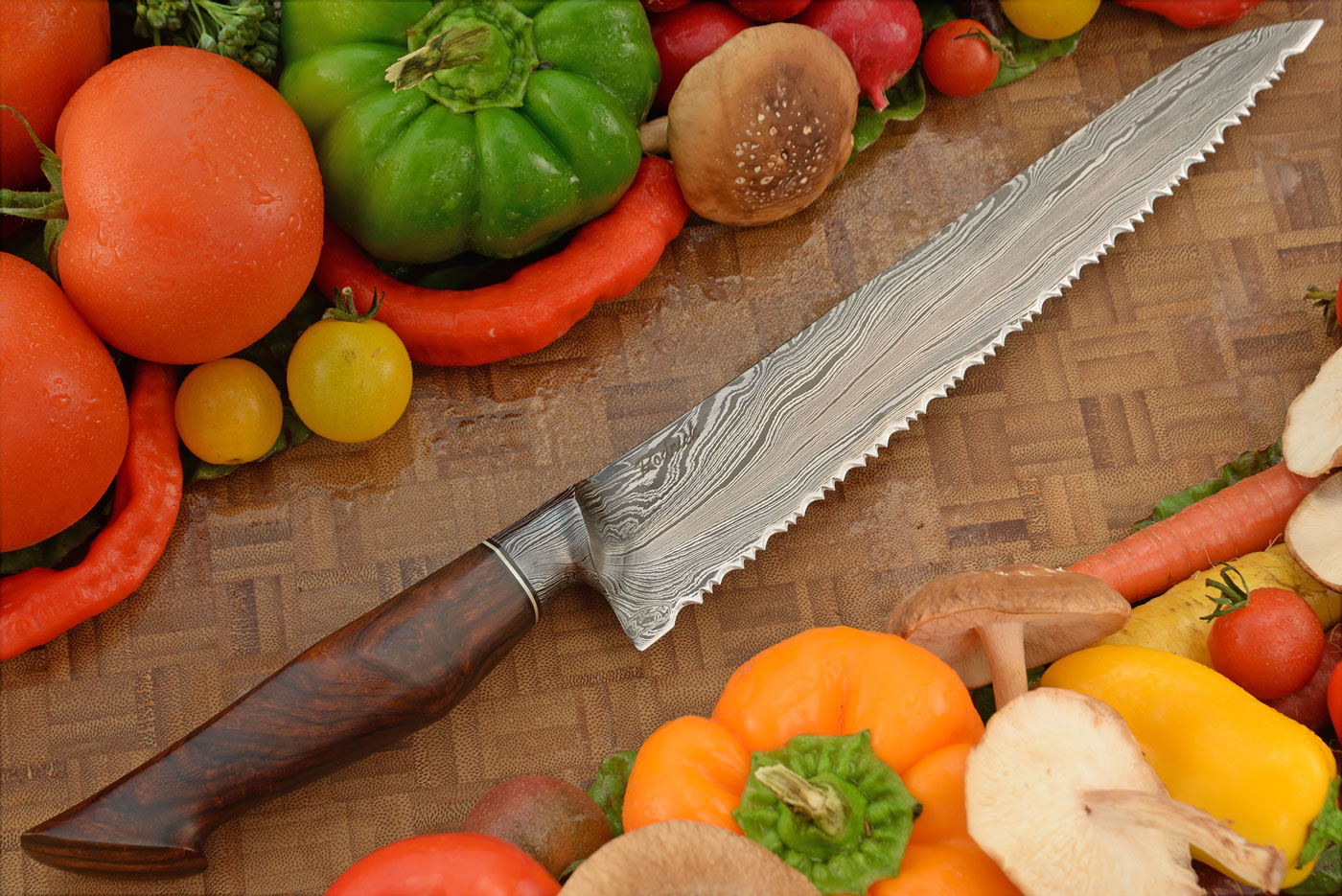 Integral Damascus Bread Knife (9-2/3) with Ironwood