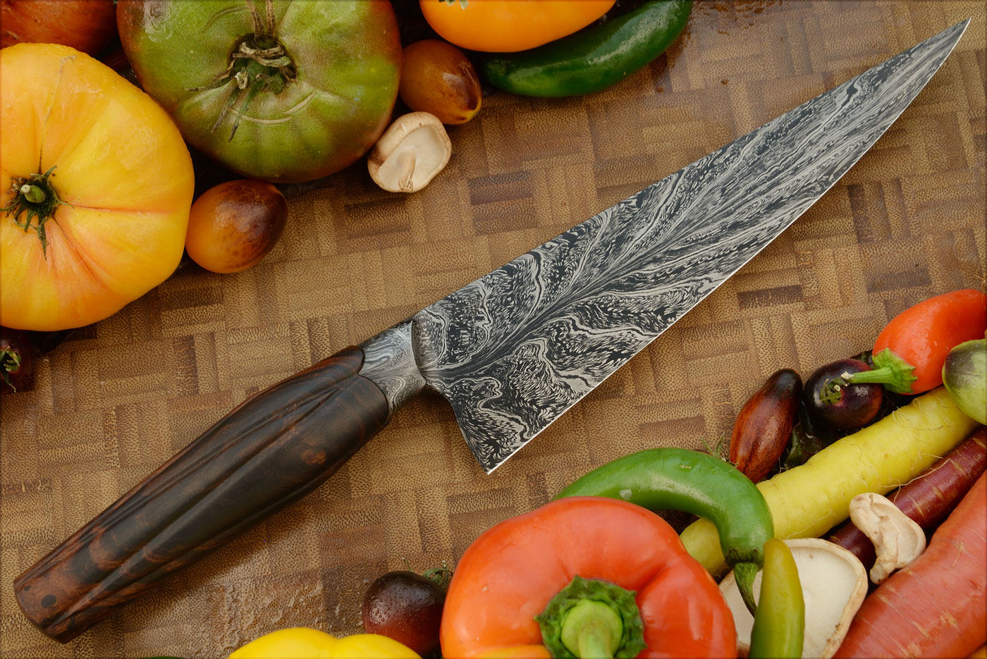 Integral Feather Damascus Chef's Knife (7-1/2 in.) with Fluted Ironwood