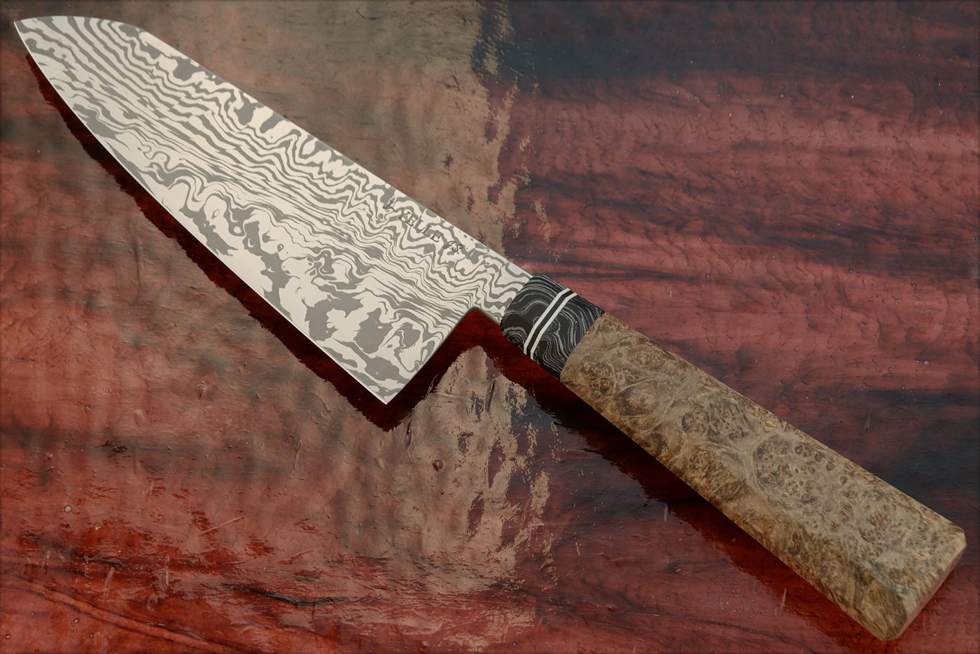 Stainless Damascus Santoku Chef's Knife (5-3/4 in.) with Maple Burl