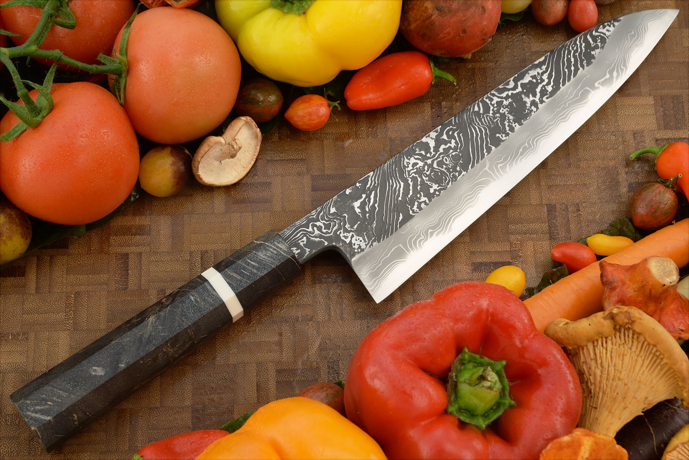 Chef's Knife (Gyuto) - 9 in. (230mm) - Shirogami 2 Twist Damascus San Mai, Kurouchi
