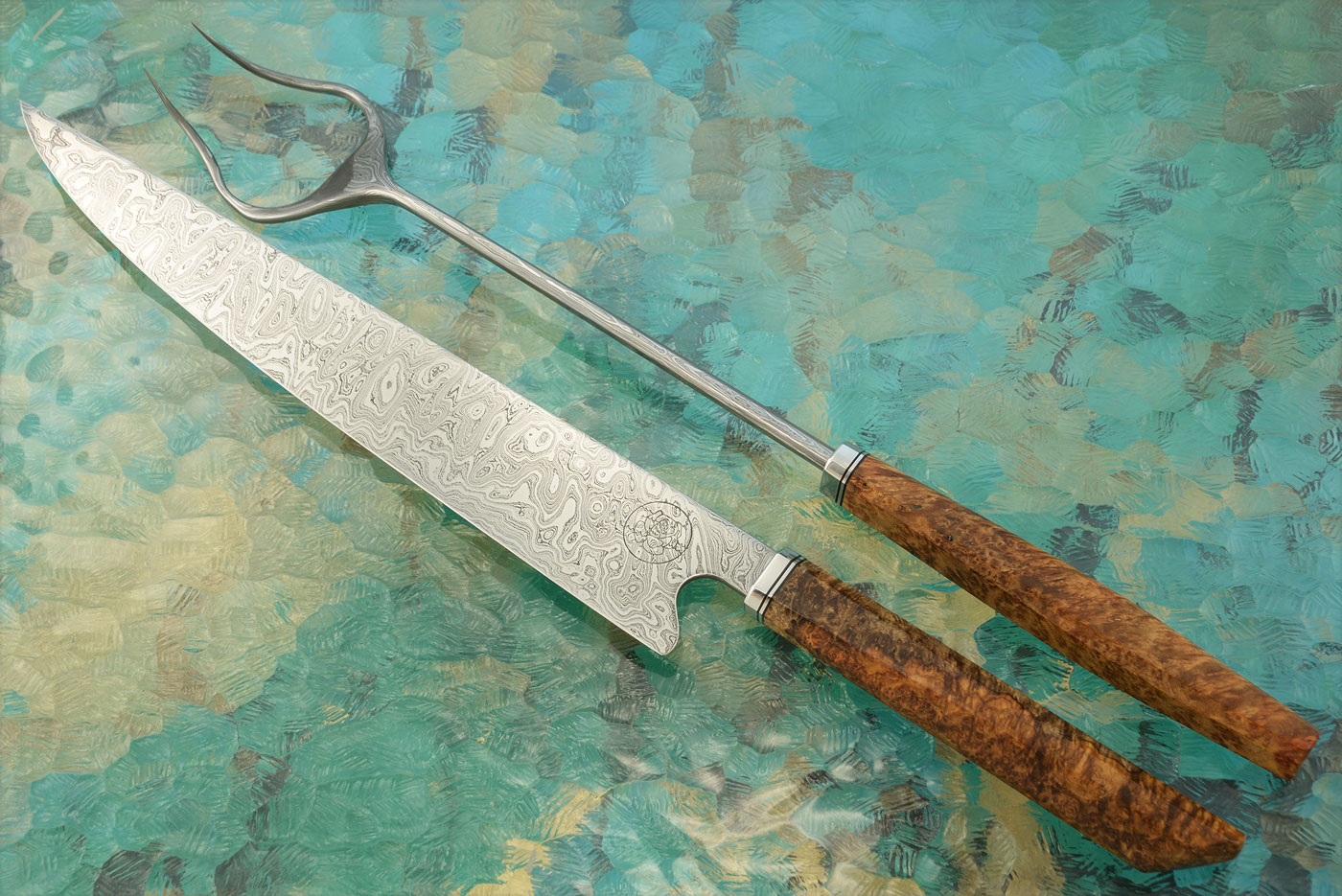 Damascus Carving Set with Amboyna Burl