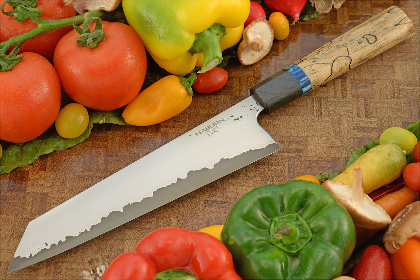 San Mai Chef's Knife/Kiritsuke (8-1/2 in.) with Spalted Tamarind, Mammoth Molar, and Carbon Fiber