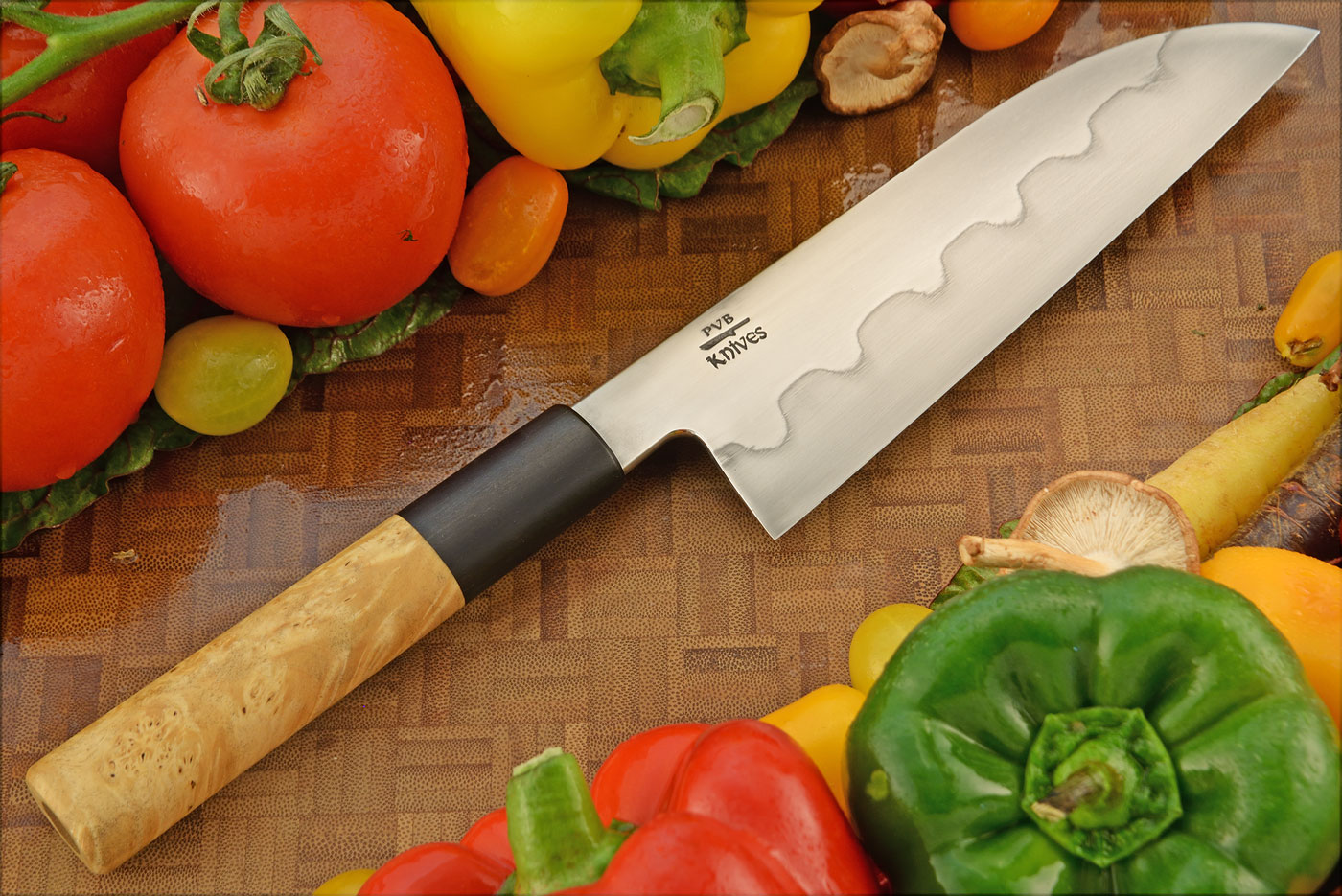 Honyaki Santoku (6-3/4 in.) with Box Elder Burl and Hornbeam