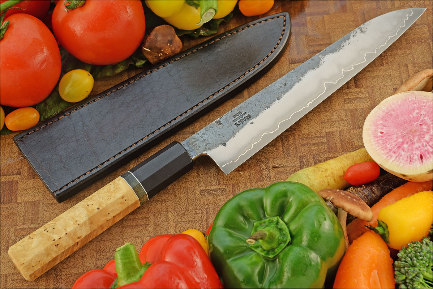 San Mai Chef's Knife/Gyuto (8-1/2 in.) with Box Elder Burl and Hornbeam