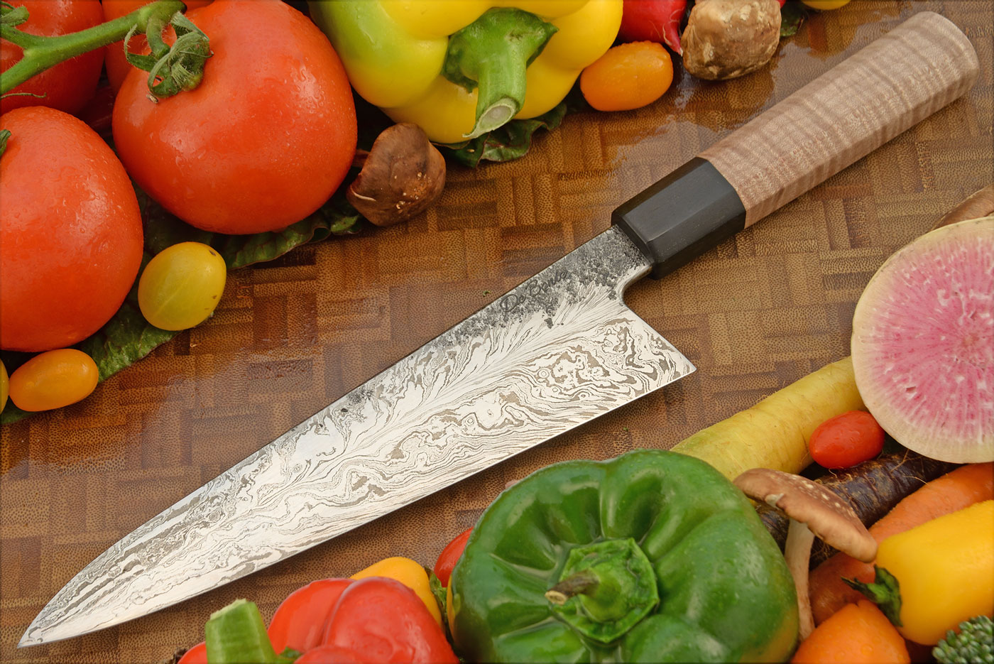 Feather Damascus Chef's Knife (Gyuto) with Curly Maple and Ebony - 8 in.