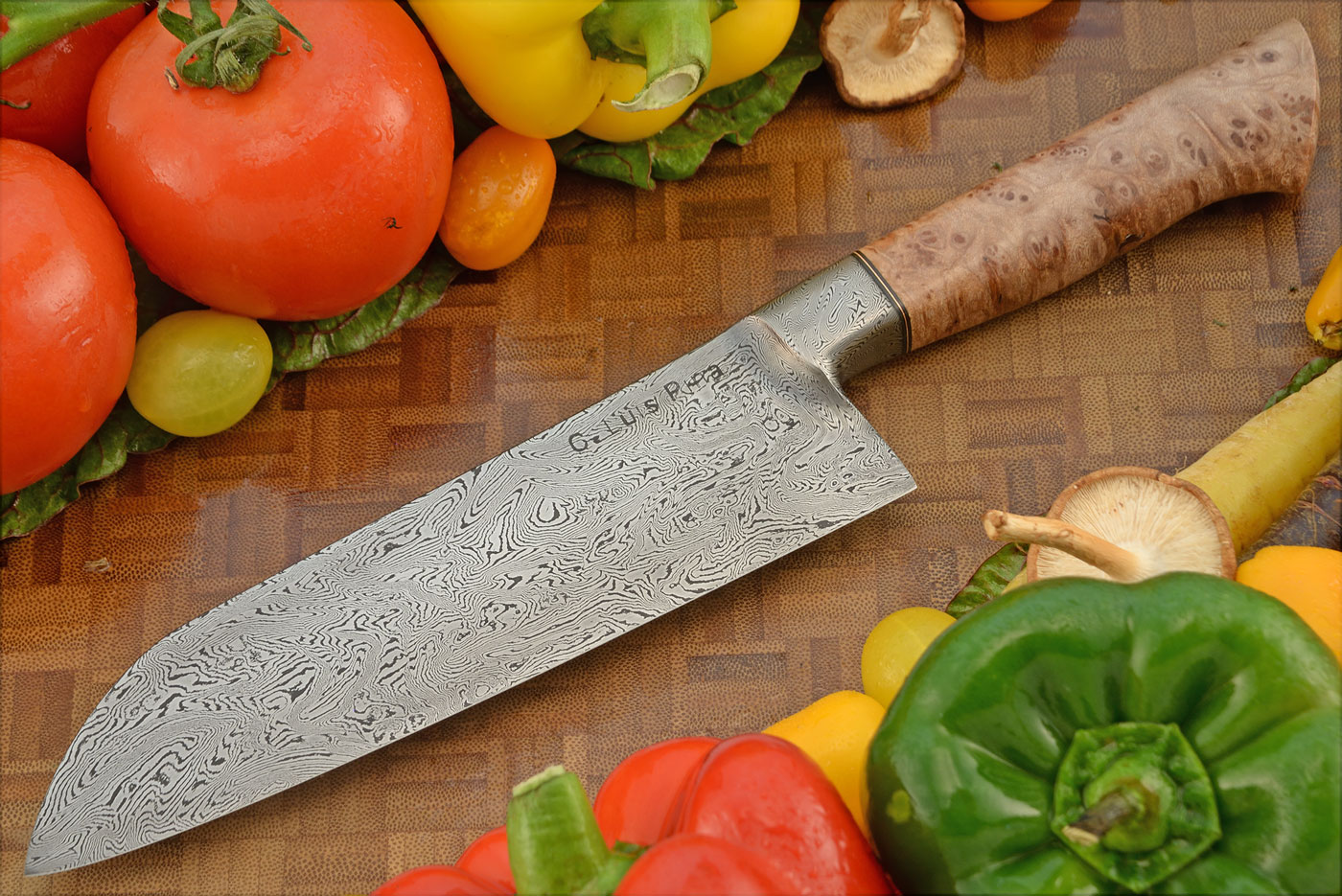 Integral Damascus Santoku (7-1/4 in.) with Maple Burl