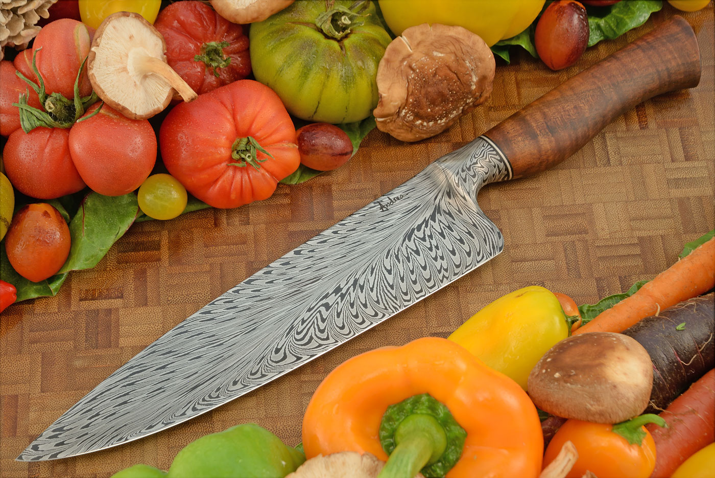 Integral Chef's Knife (8-3/4 in.) with Feather Damascus and Tasmanian Blackwood
