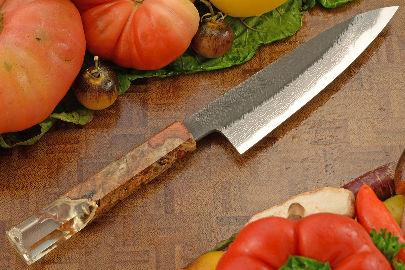 Utility Knife (Petty) - 5-1/3 in. (135mm) - Shirogami 2 Suminagashi, Pine Needles Tsuchime, Amboyna Burl Shokwood Handle