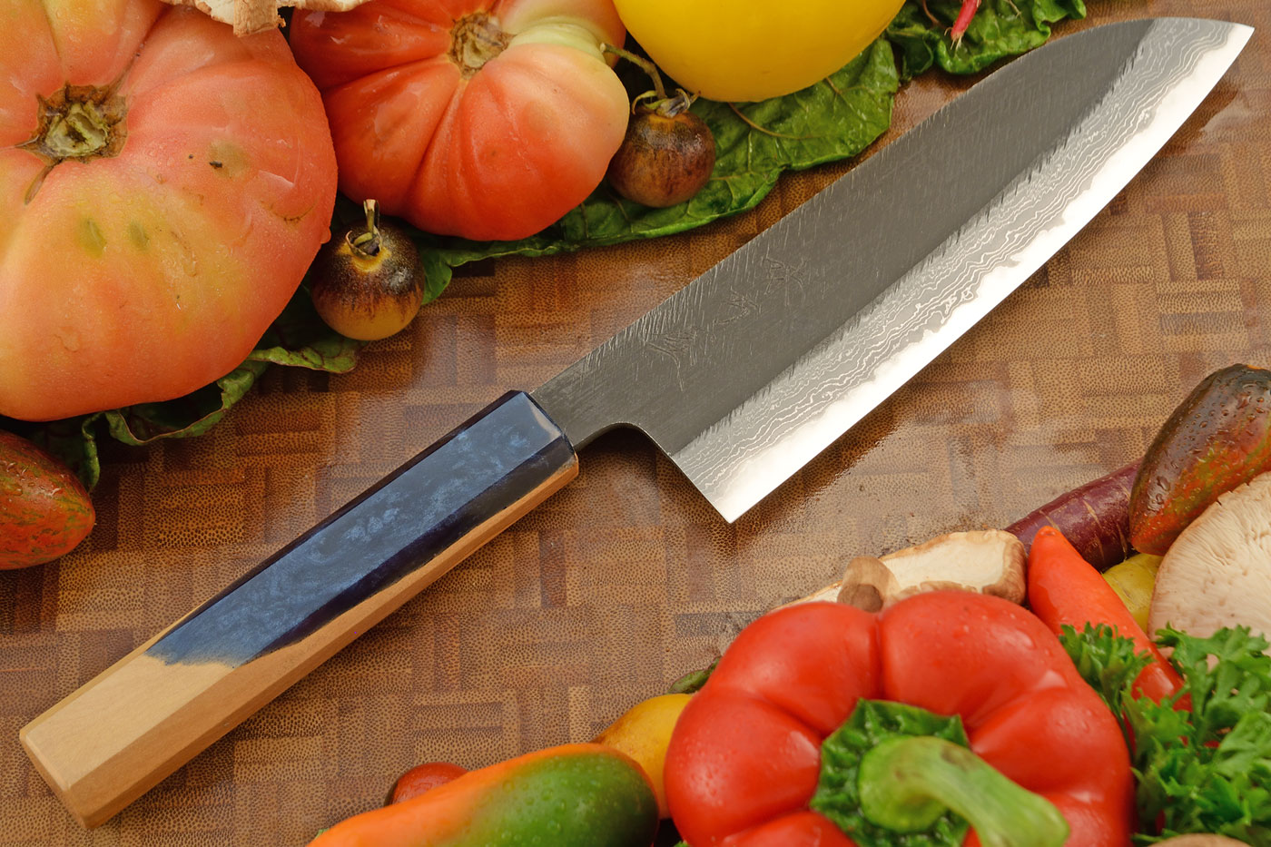 Chef's Knife (Santoku) - 7-1/8 in. (180mm) - Shirogami 2 Suminagashi, Pine Needles Tsuchime, Olive Burl Shokwood Handle