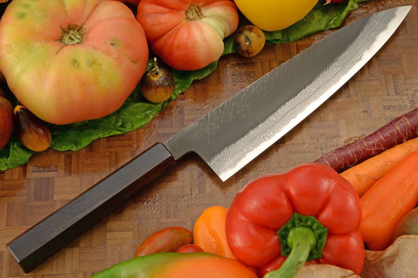 Chef's Knife (Gyuto) - 8-1/4 in. (210mm) - Shirogami 2 Suminagashi, Pine Needles Tsuchime, Ebony Handle
