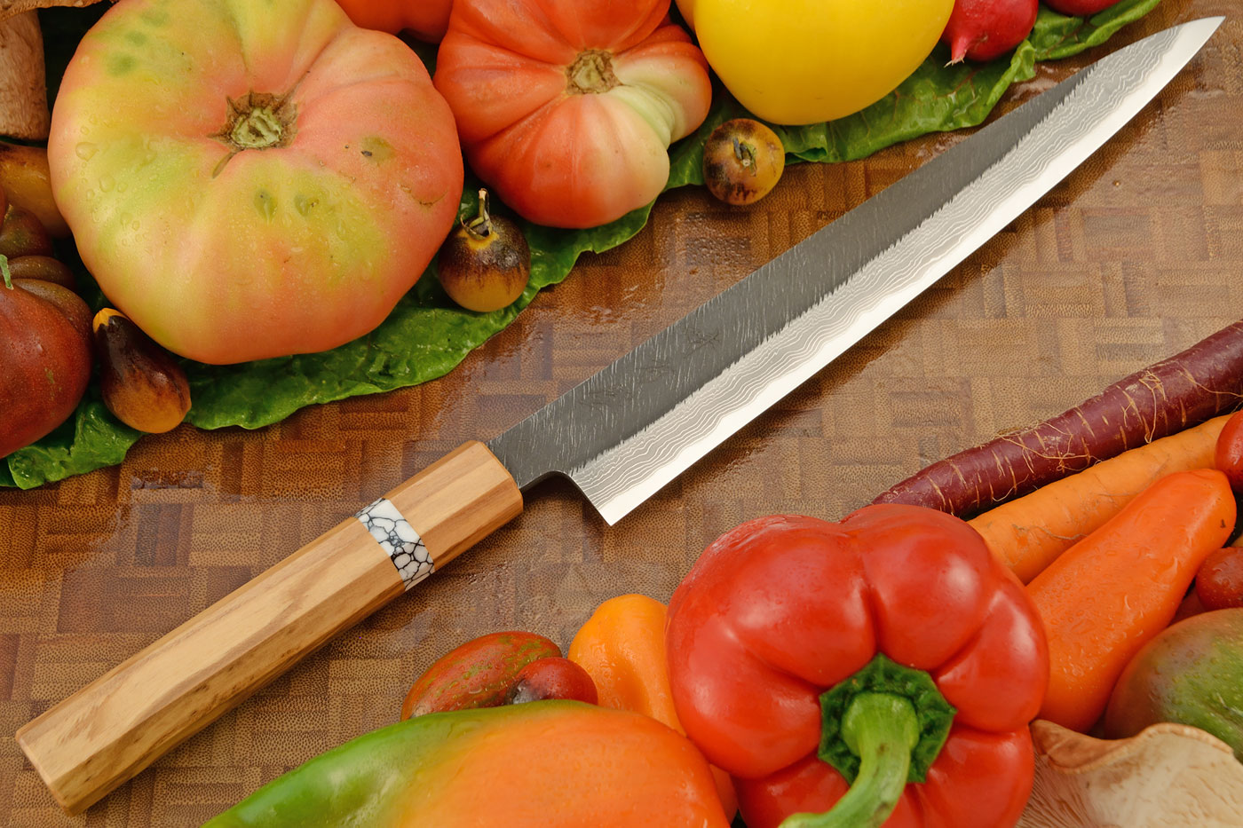 Slicer (Sujihiki) - 9-1/2 in. (240mm) - Shirogami 2 Suminagashi, Pine Needles Tsuchime, Olivewood and TruStone Handle