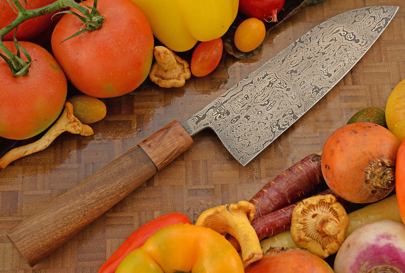 Damascus Santoku Chef's Knife (7 in.) with Camphor and Beefwood