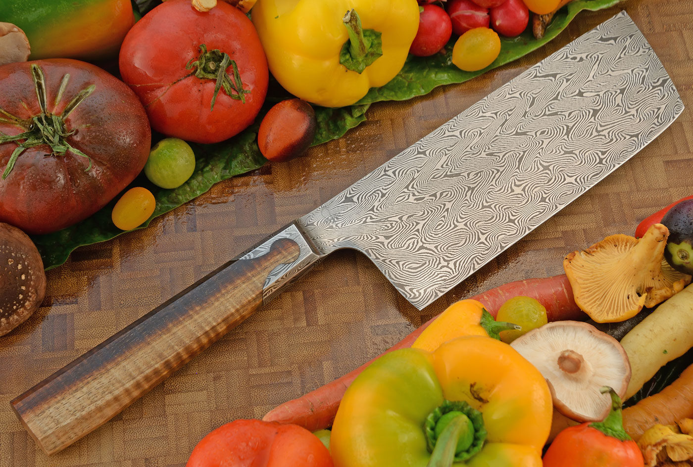 Damascus Nakiri with Keyhole Curly Koa