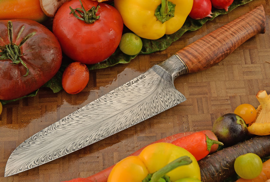 Integral Feather Damascus Santoku Chef's Knife (7-1/2 in.) with Curly Koa