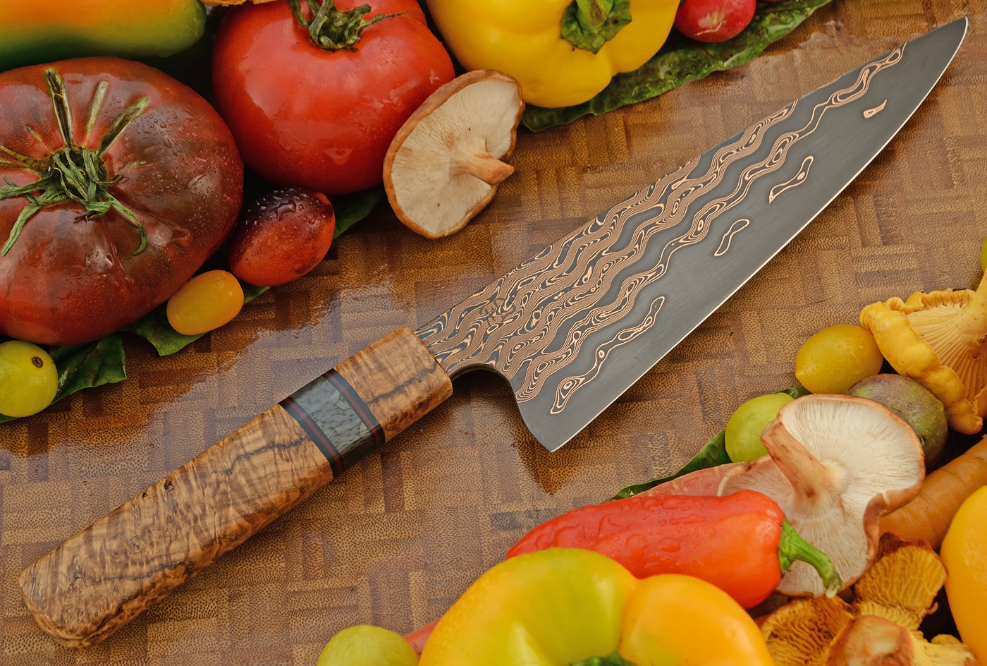 Copper Surge Damascus Chef's Knife (8 in) with Black Ash Burl
