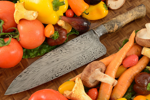 Chef's Knife (8.4 in.) with Feather Damascus and Black and White Ebony