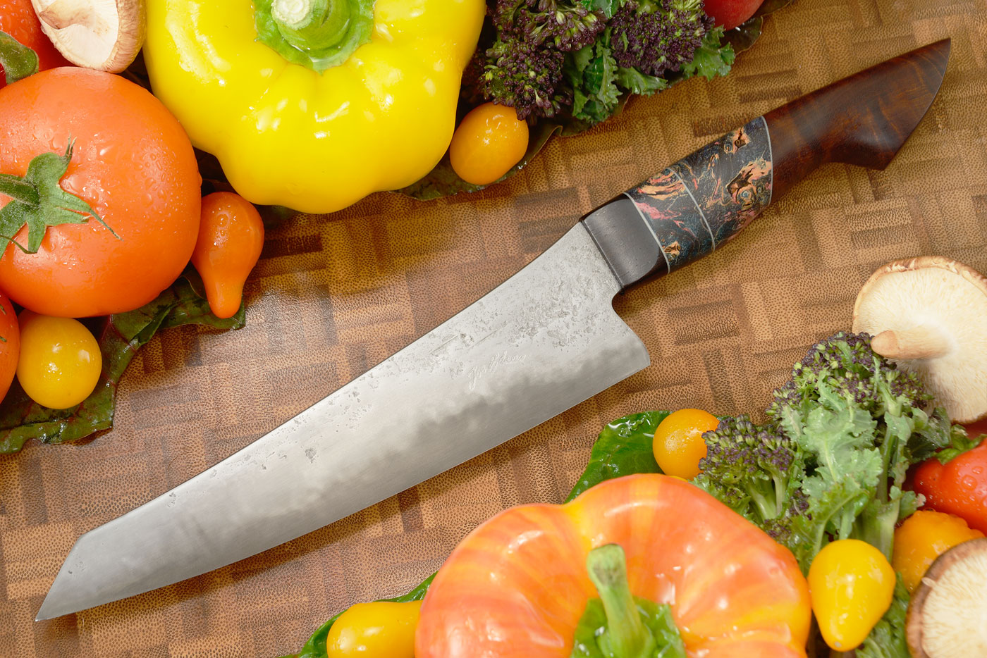 San Mai Chef Knife with Blackwood, Maple Burl, and Ringed Gidgee