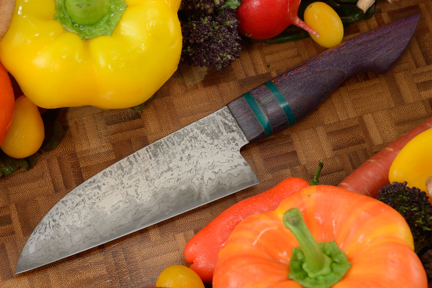 Damascus San Mai Chef's Knife - Santoku (5-1/4 in) with Purple Snakeskin Sycamore